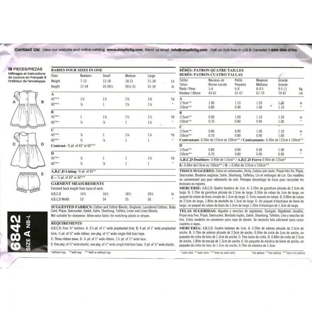 New‎ Look 6842 Baby Dress and Bloomers Sewing Pattern Size NB-L cut